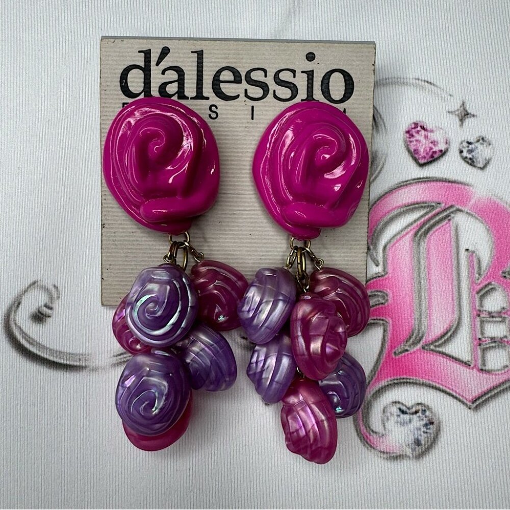 Earrings dalessio design clip on chunky purple pink rose bud dangly retro vtg